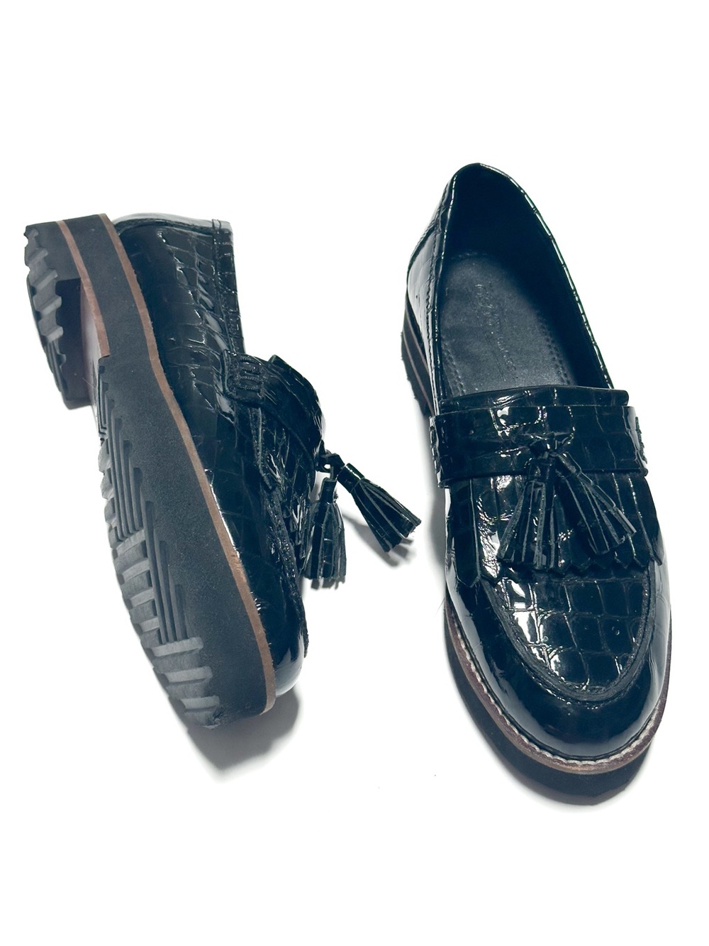 ASOS Design Meze Chunky Fringed Tassel Leather Loafers in Black Patent Croc